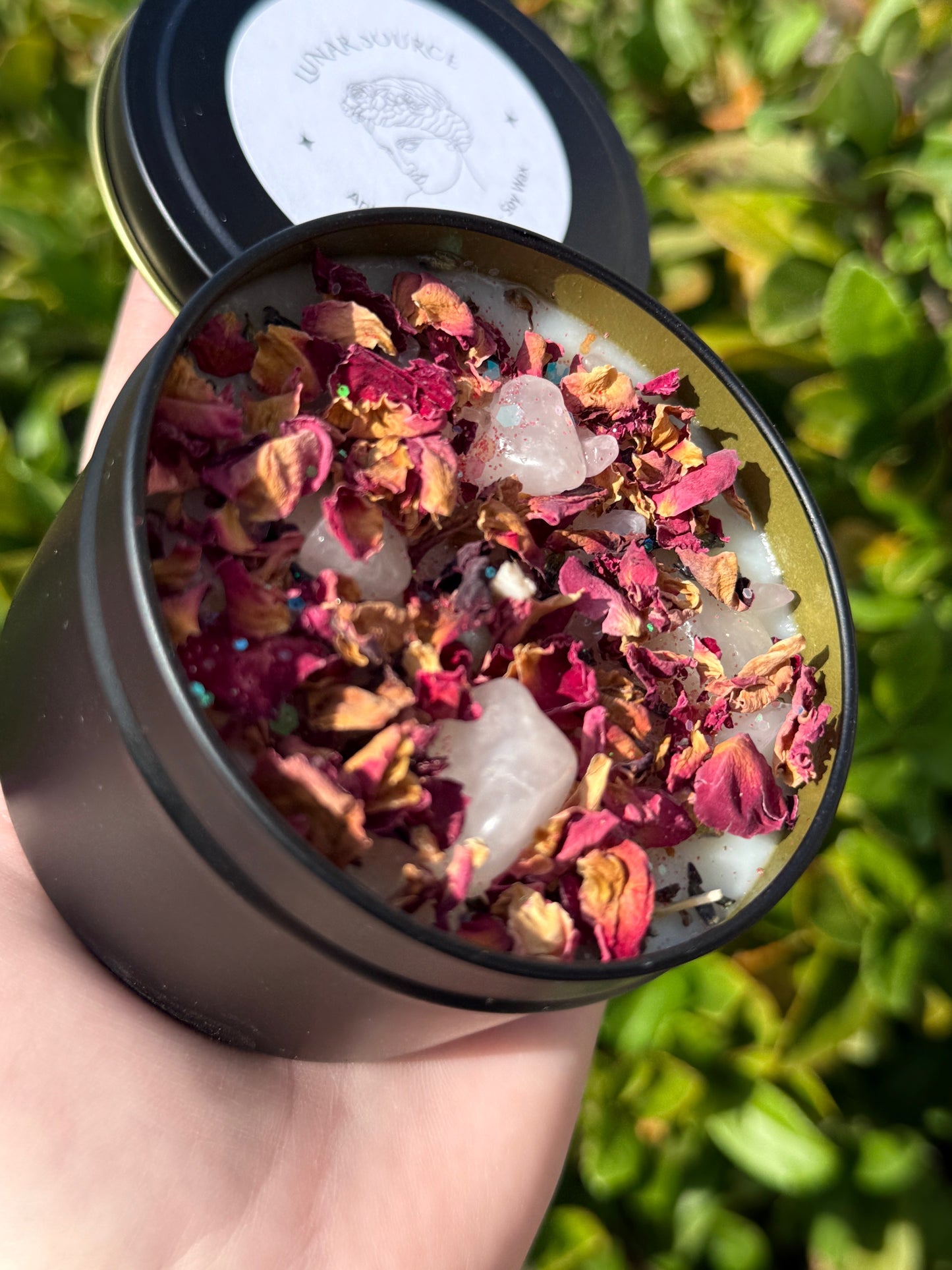 Self Love Herbal Intention Crystal Candle | Rose Petals Lavender Flowers | Altar Spell Inner Self Goddess Venus Gift Scented Rose Quartz
