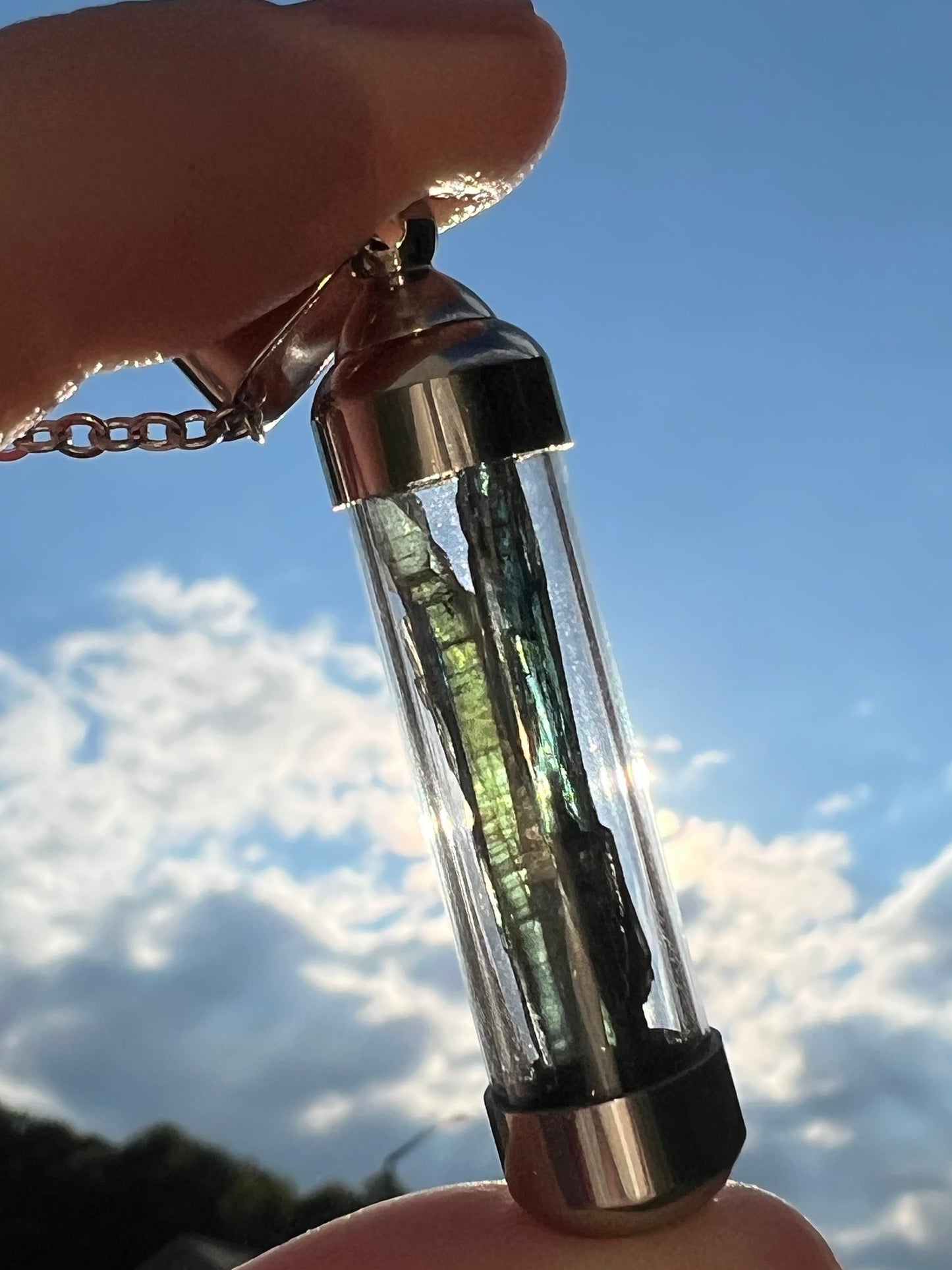 RARE Vivianite Pendant | Gemmy Blue Green Blade Vial Tube Glass Locket Necklace Jewelry | Brazilian Vivianite | Inner Peace Mystic Awakening