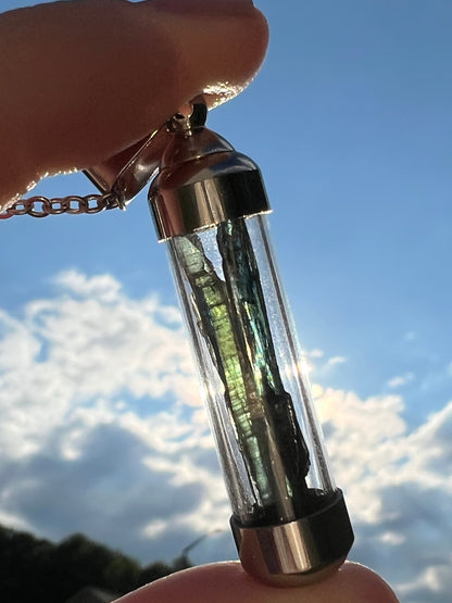 RARE Vivianite Pendant | Gemmy Blue Green Blade Vial Tube Glass Locket Necklace Jewelry | Brazilian Vivianite | Inner Peace Mystic Awakening