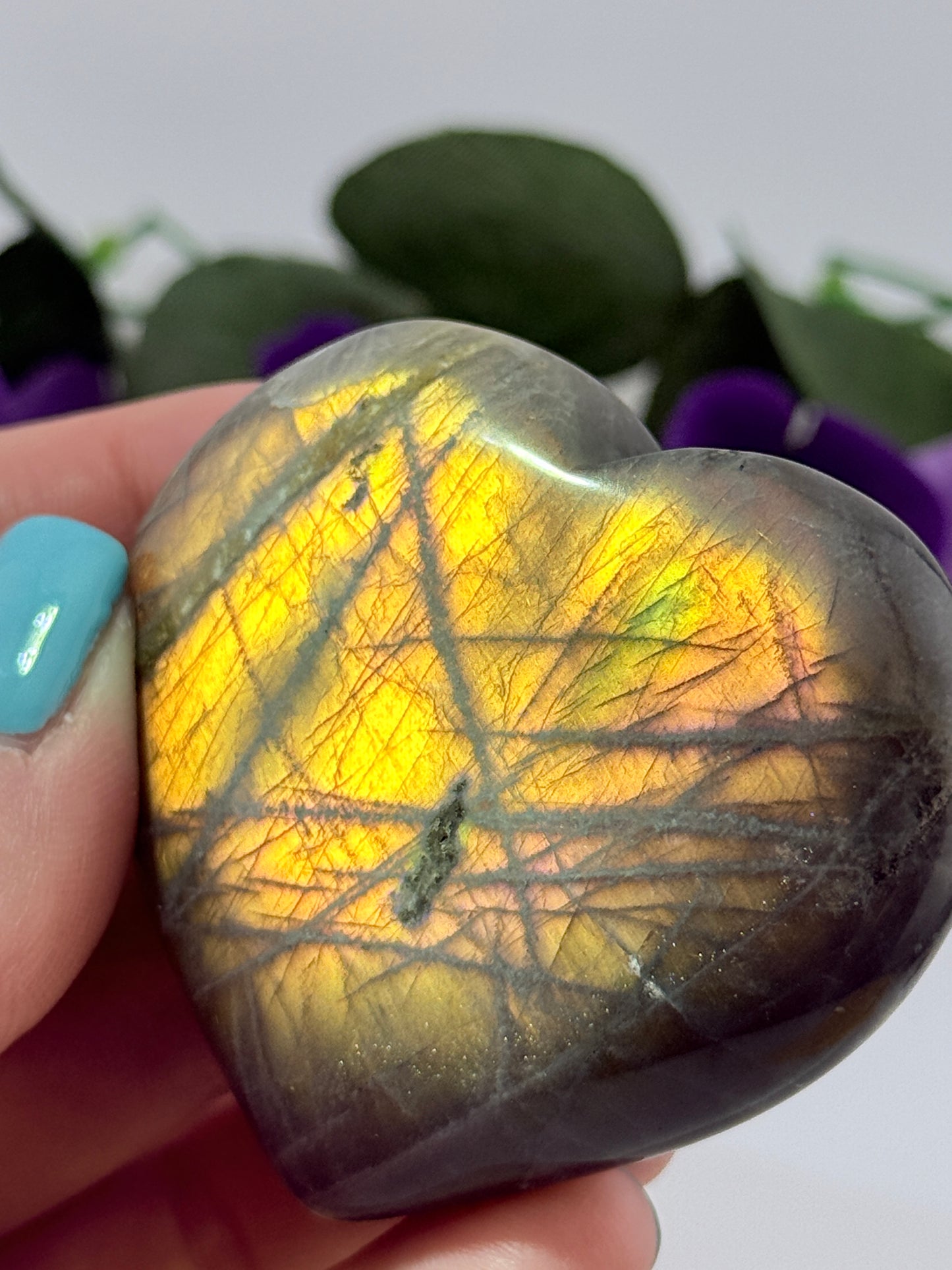 RARE Madagascar Sunset Pink Fire Labradorite Crystal Heart Stone - HIGH FLASH - NEW