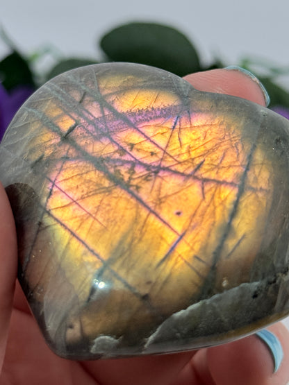 RARE Madagascar Sunset Pink Fire Labradorite Crystal Heart Stone - HIGH FLASH - NEW