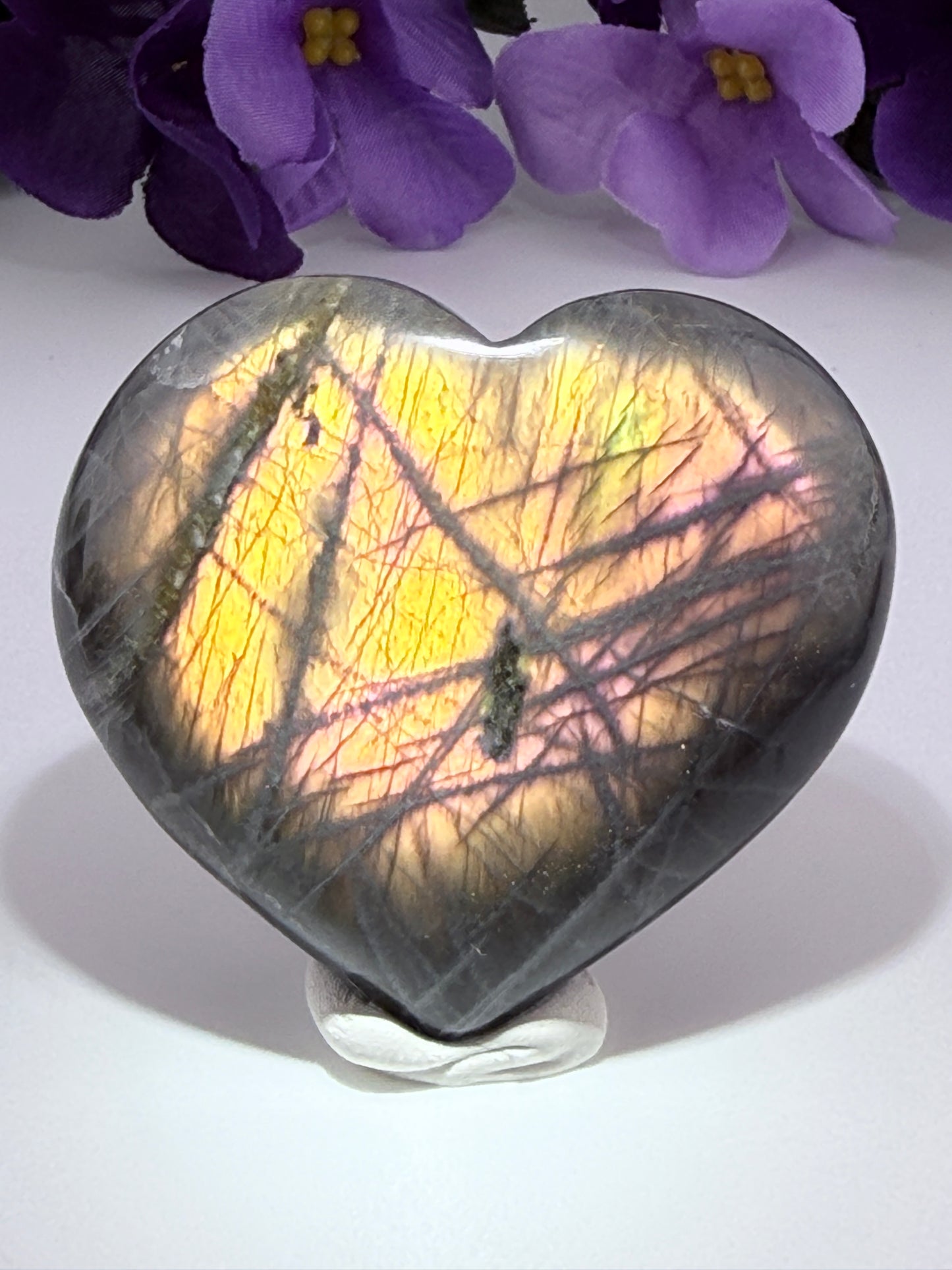 RARE Madagascar Sunset Pink Fire Labradorite Crystal Heart Stone - HIGH FLASH - NEW