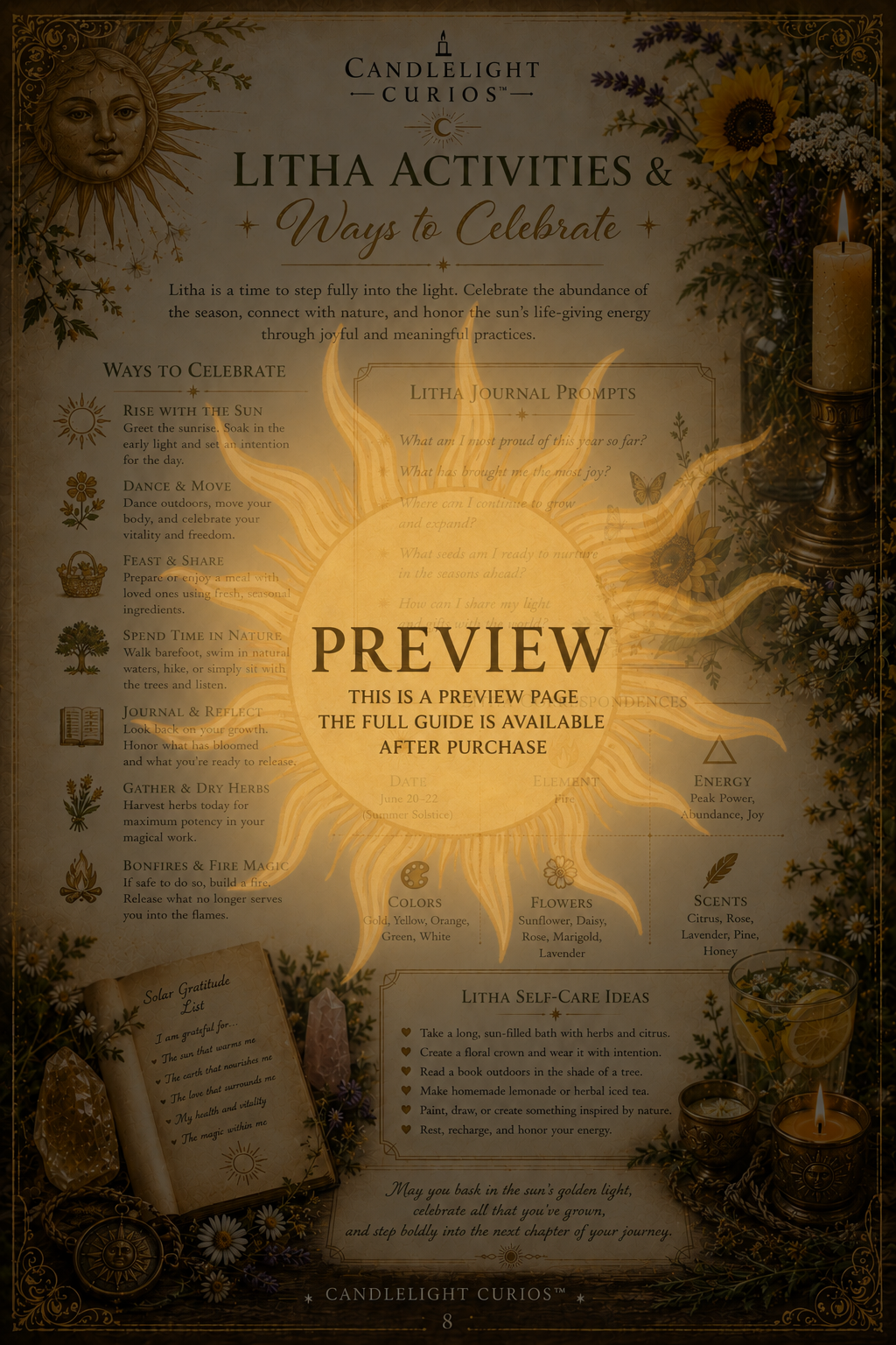 Litha Summer Solstice Midsummer Grimoire Book of Shadows Pages Digital Guide | 20-Page Printable Sabbat Workbook | Wheel of the Year PDF