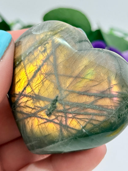 RARE Madagascar Sunset Pink Fire Labradorite Crystal Heart Stone - HIGH FLASH - NEW