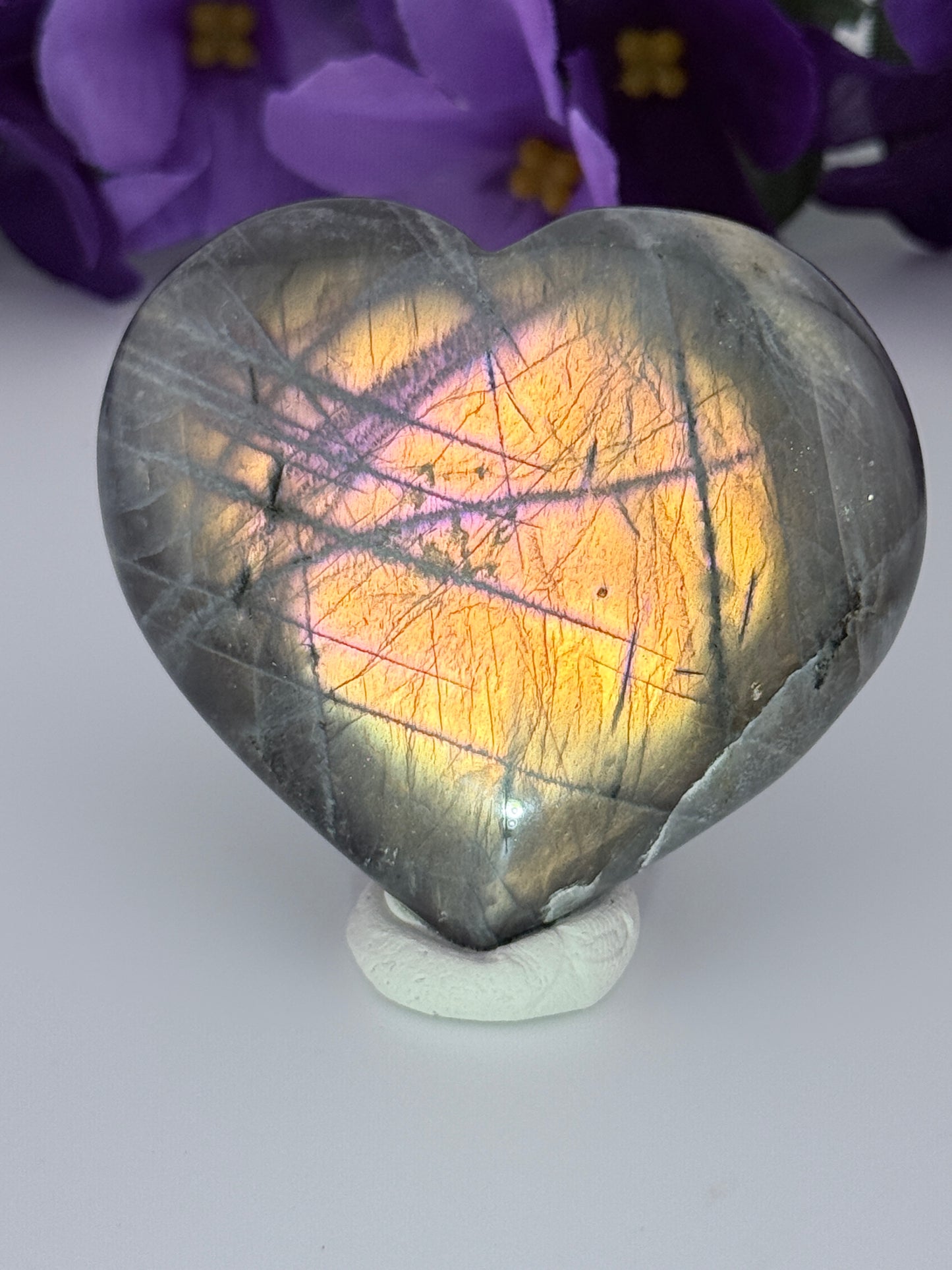 RARE Madagascar Sunset Pink Fire Labradorite Crystal Heart Stone - HIGH FLASH - NEW