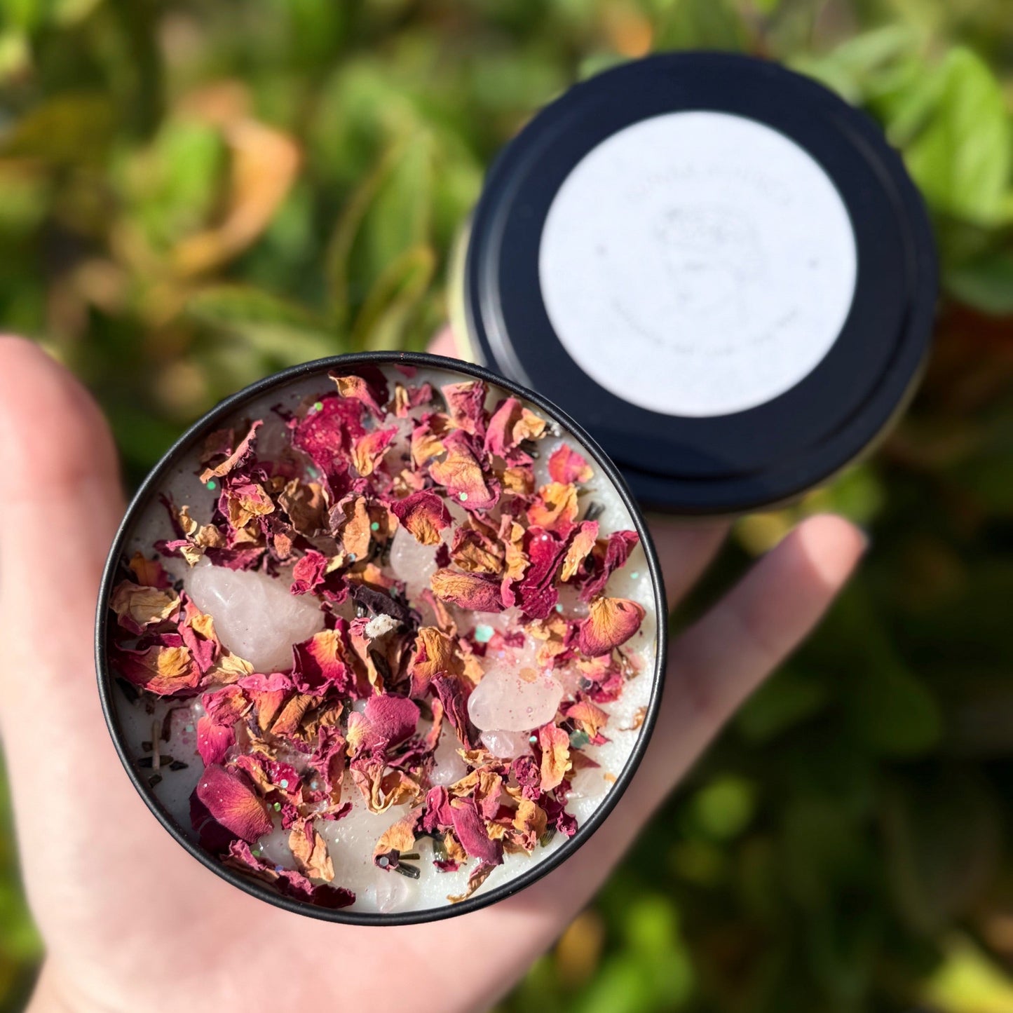 Self Love Herbal Intention Crystal Candle | Rose Petals Lavender Flowers | Altar Spell Inner Self Goddess Venus Gift Scented Rose Quartz