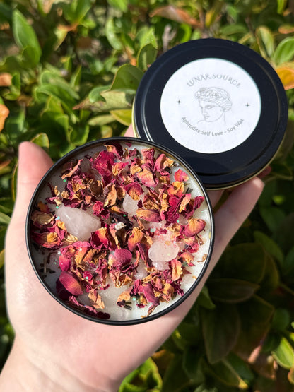 Self Love Herbal Intention Crystal Candle | Rose Petals Lavender Flowers | Altar Spell Inner Self Goddess Venus Gift Scented Rose Quartz