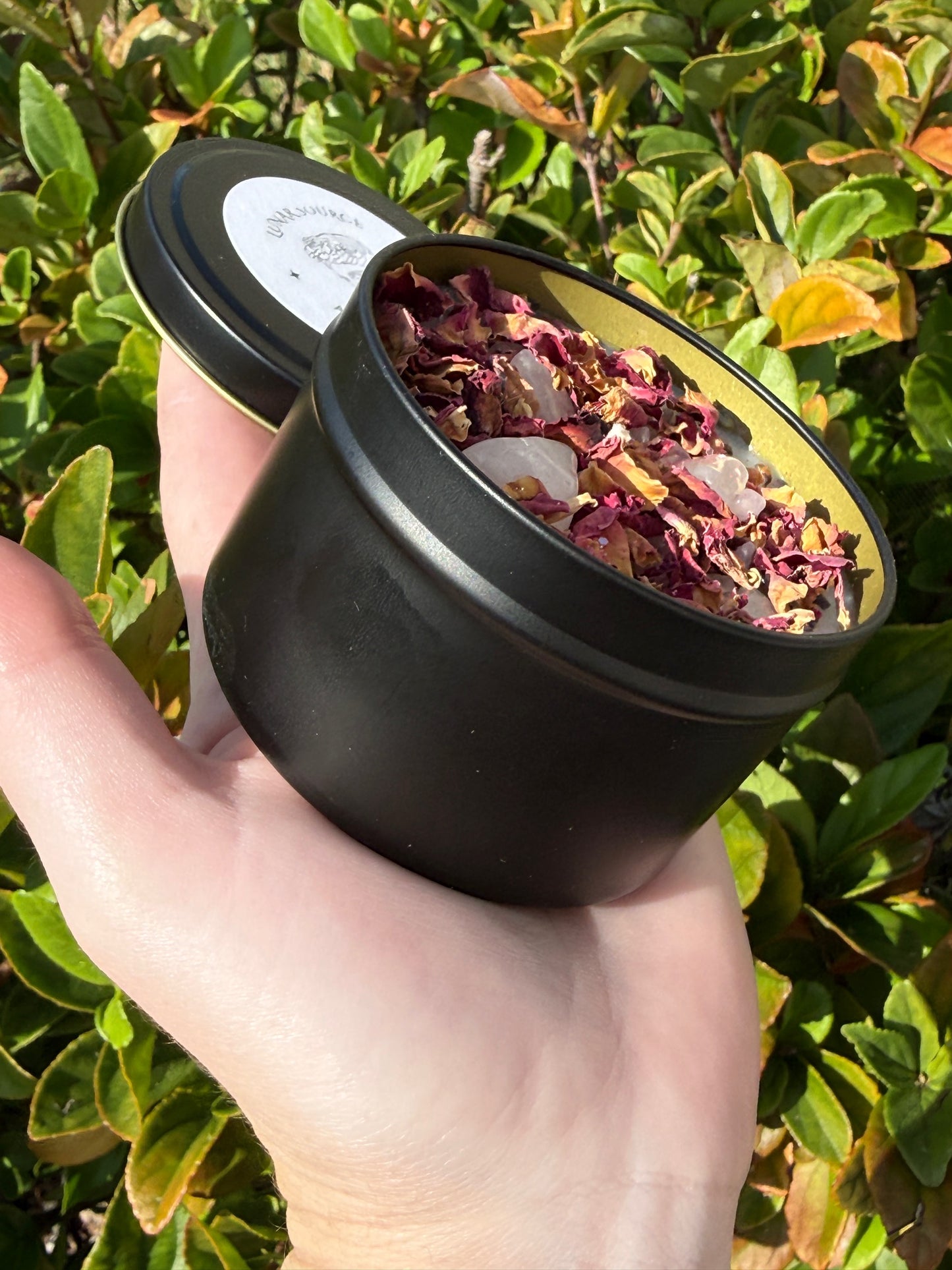 Self Love Herbal Intention Crystal Candle | Rose Petals Lavender Flowers | Altar Spell Inner Self Goddess Venus Gift Scented Rose Quartz