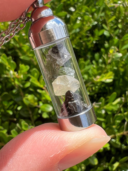 Moldavite Herkimer Diamond Meteroite Libyan Desert Glass Pendant | Iron Campo del Cielo Raw Tektite Jewelry Vial Necklace | Transformation