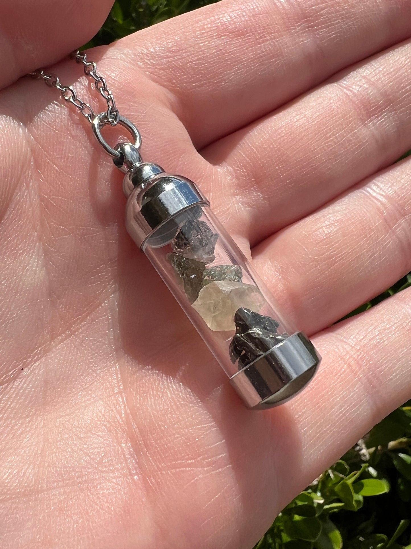Moldavite Herkimer Diamond Meteroite Libyan Desert Glass Pendant | Iron Campo del Cielo Raw Tektite Jewelry Vial Necklace | Transformation